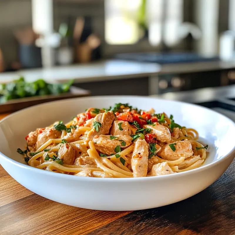 "Pasta with grilled chicken and creamy sauce."