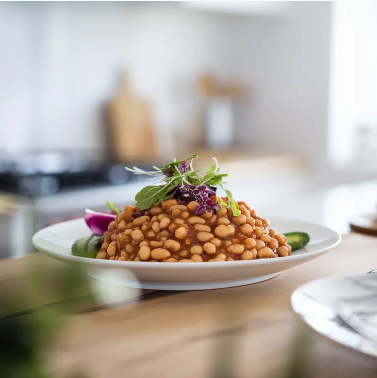 Homemade baked beans served in a bowl with a rich tomato-based sauce