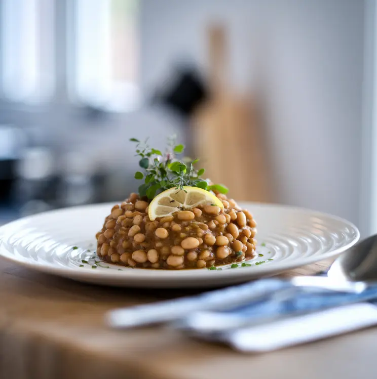 Homemade baked beans served in a bowl with a rich tomato-based sauce