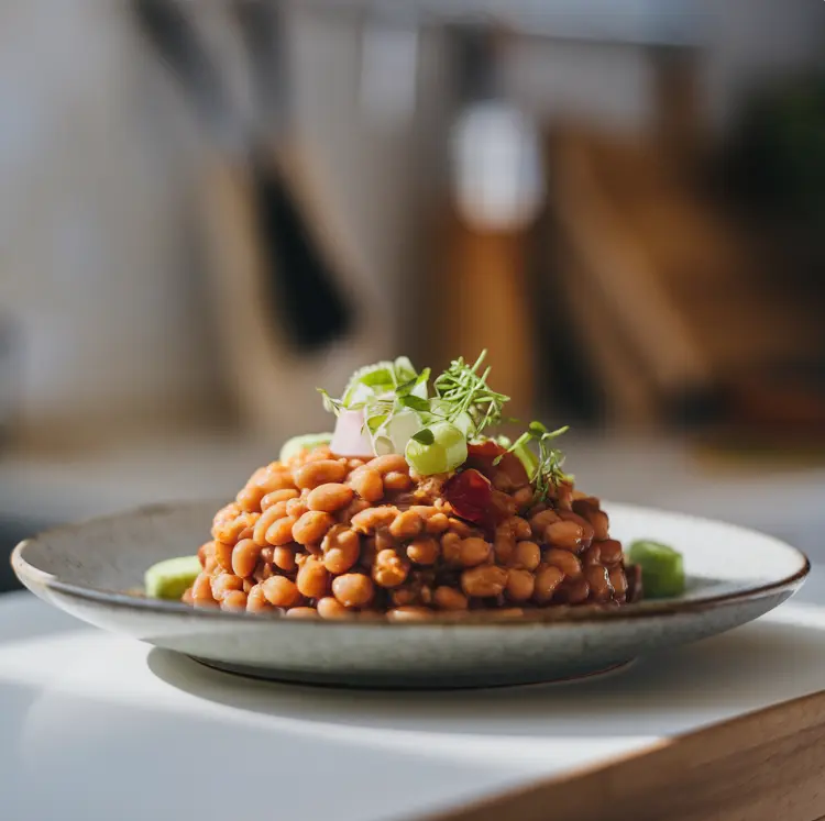 Homemade baked beans served in a bowl with a rich tomato-based sauce