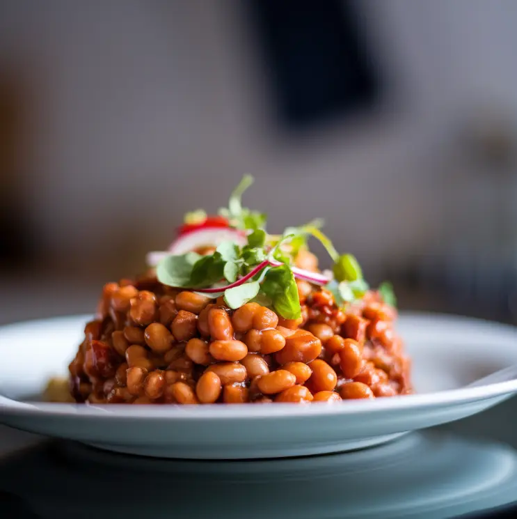 Homemade baked beans served in a bowl with a rich tomato-based sauce