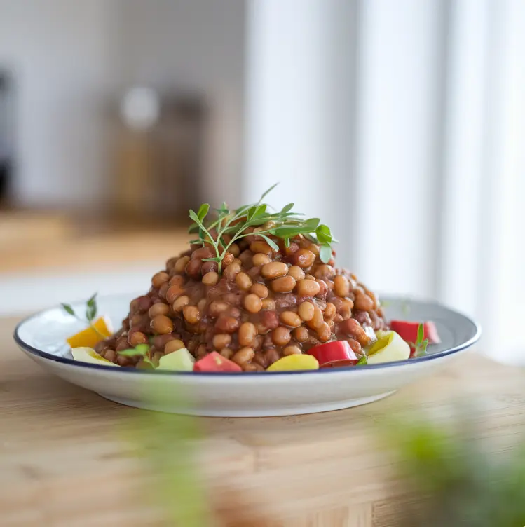 Delicious baked beans with bacon and herbs in a bowl.