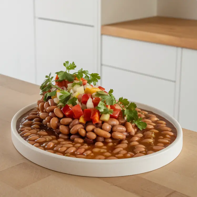 Delicious baked beans with bacon and herbs in a bowl.