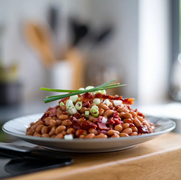 Delicious baked beans with bacon and herbs in a bowl.