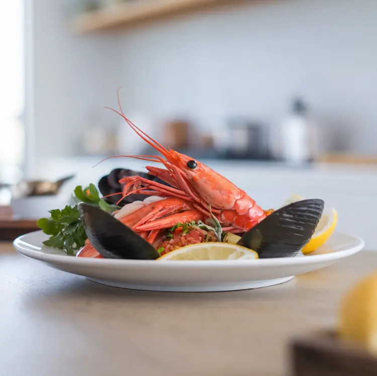 A delicious spread of seafood boil with shrimp, crab legs, corn, and potatoes served on a large table.