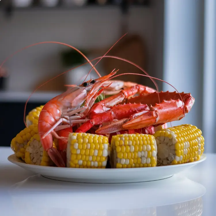 A delicious spread of seafood boil with shrimp, crab legs, corn, and potatoes served on a large table.