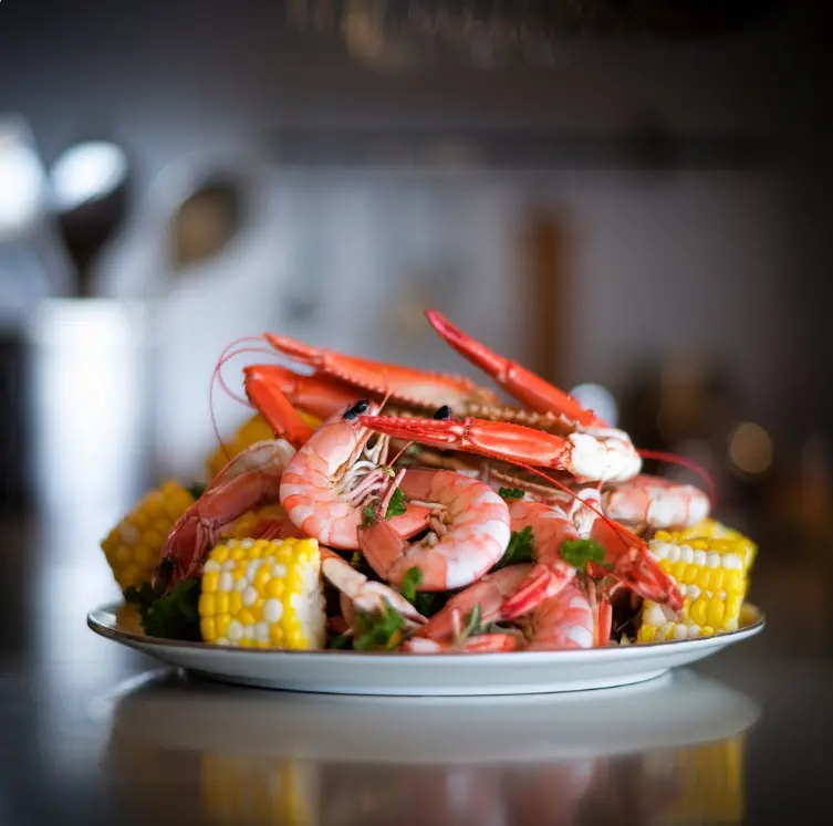 A delicious spread of seafood boil with shrimp, crab legs, corn, and potatoes served on a large table.