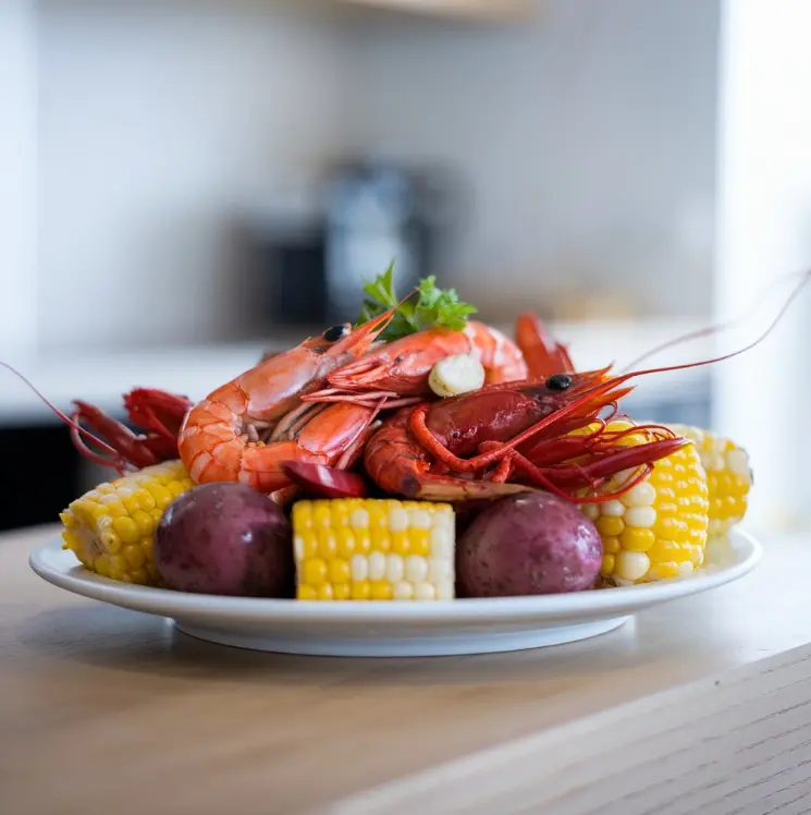 Seafood boil with shrimp, crab legs, corn, and potatoes served in a rustic outdoor setting.