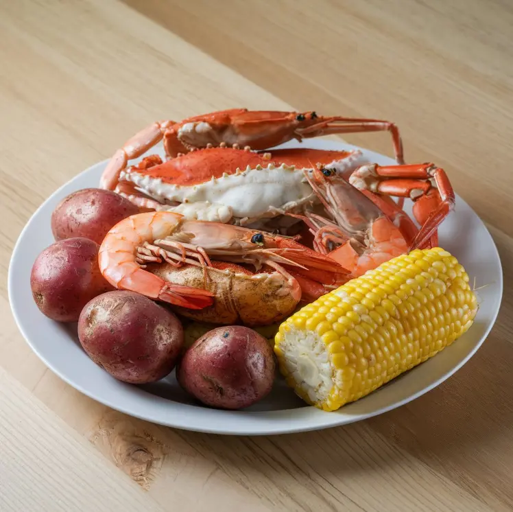 Seafood boil with shrimp, crab legs, corn, and potatoes served in a rustic outdoor setting.