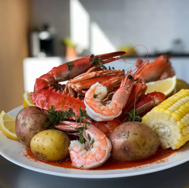 Seafood boil with shrimp, crab legs, corn, and potatoes served in a rustic outdoor setting.