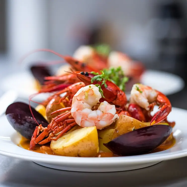 A bowl of rich seafood boil sauce with garlic, butter, and Cajun seasoning, served alongside crab legs and shrimp.