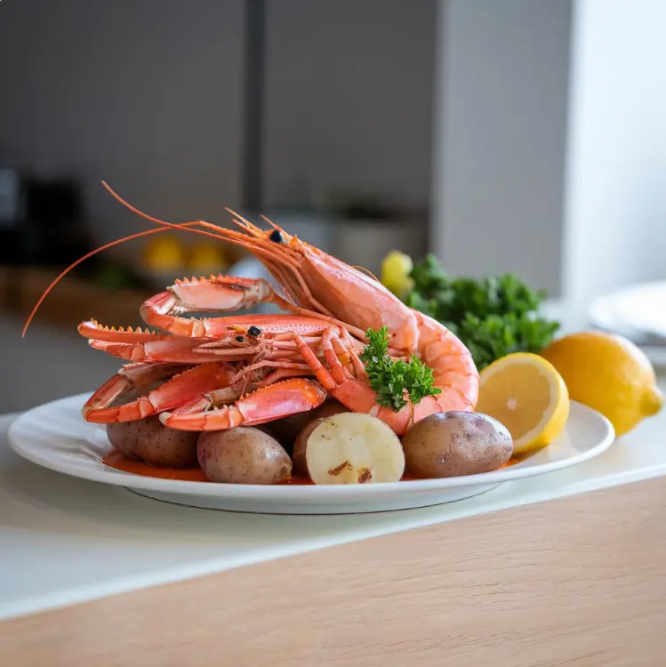 A bowl of rich seafood boil sauce with garlic, butter, and Cajun seasoning, served alongside crab legs and shrimp.