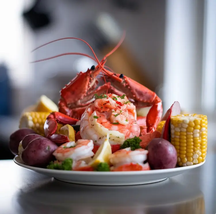 A bowl of rich seafood boil sauce with garlic, butter, and Cajun seasoning, served alongside crab legs and shrimp.