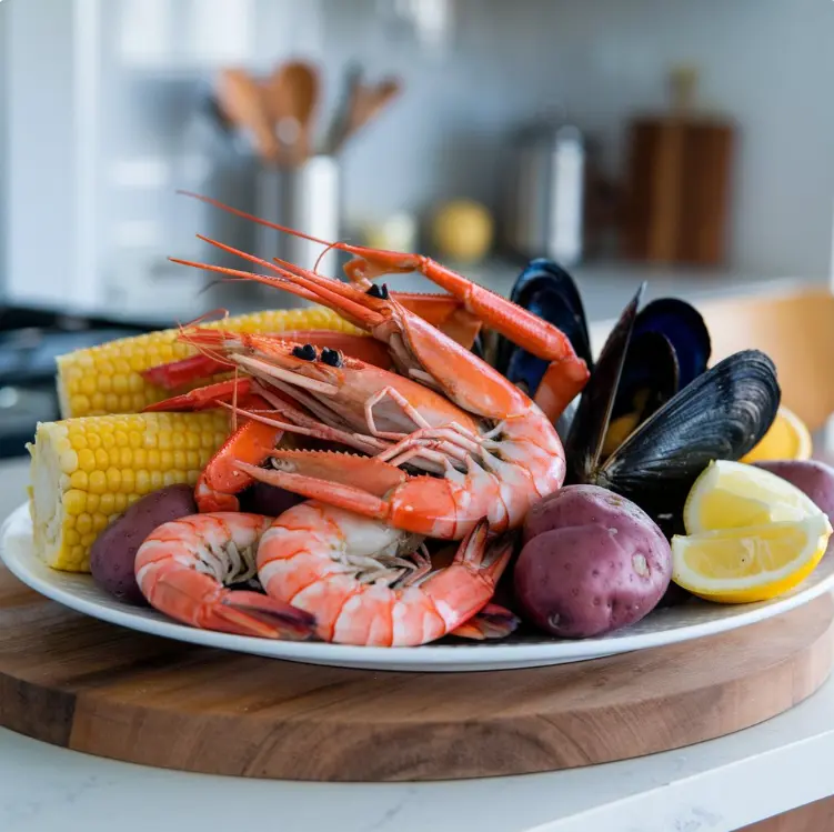 A seafood boil spread with shrimp, crab legs, potatoes, corn, and sides like garlic bread and coleslaw on a rustic table.