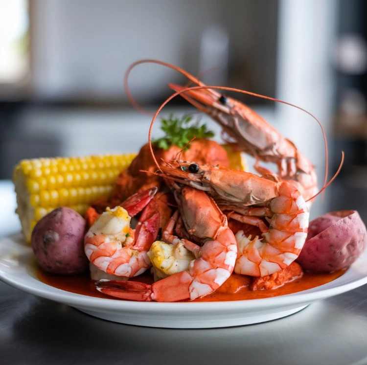 Seafood boil with shrimp, crab, corn, and potatoes spread on a table