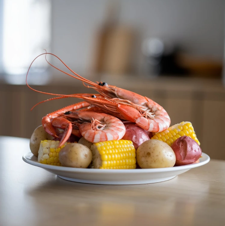 Seafood boil with shrimp, crab, corn, and potatoes spread on a table