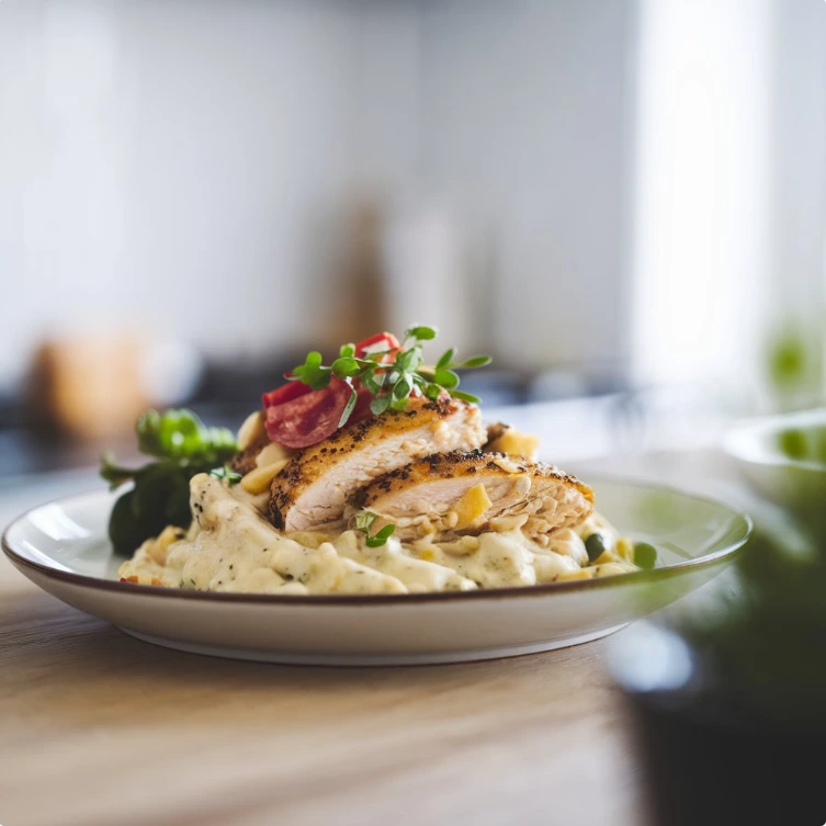 A creamy Chicken Alfredo dish with fettuccine pasta and grilled chicken, garnished with Parmesan cheese and parsley.