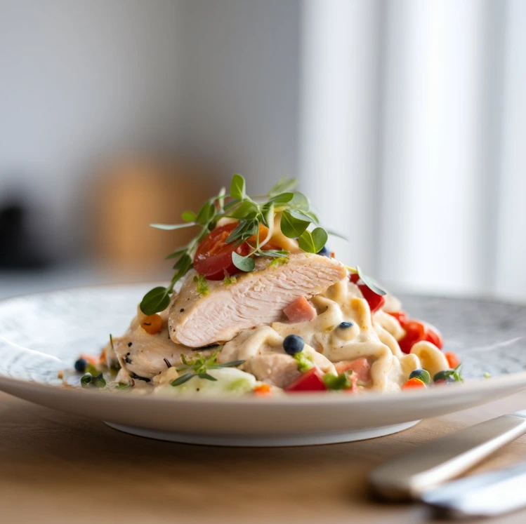 A creamy Chicken Alfredo dish with fettuccine pasta and grilled chicken, garnished with Parmesan cheese and parsley.