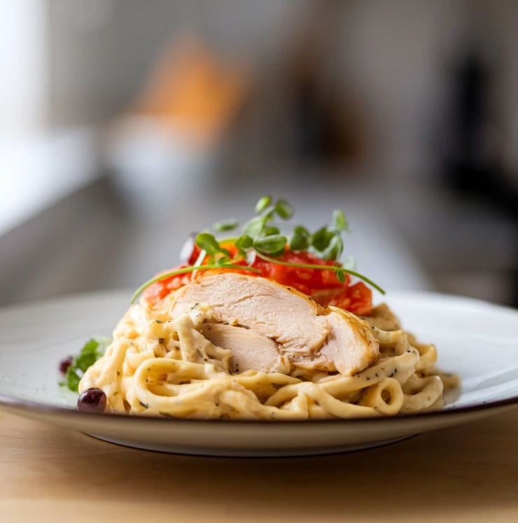 A creamy Chicken Alfredo dish with fettuccine pasta and grilled chicken, garnished with Parmesan cheese and parsley.