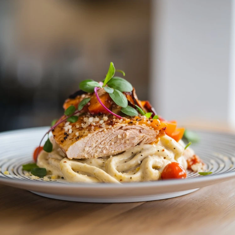 A creamy Chicken Alfredo dish with grilled chicken strips and fettuccine pasta, garnished with Parmesan cheese and fresh parsley.