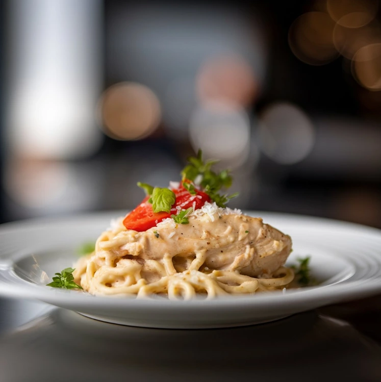 A creamy Chicken Alfredo dish with grilled chicken strips and fettuccine pasta, garnished with Parmesan cheese and fresh parsley.