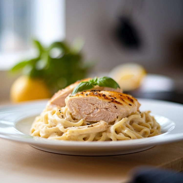 A creamy Chicken Alfredo dish with grilled chicken strips and fettuccine pasta, garnished with Parmesan cheese and fresh parsley.