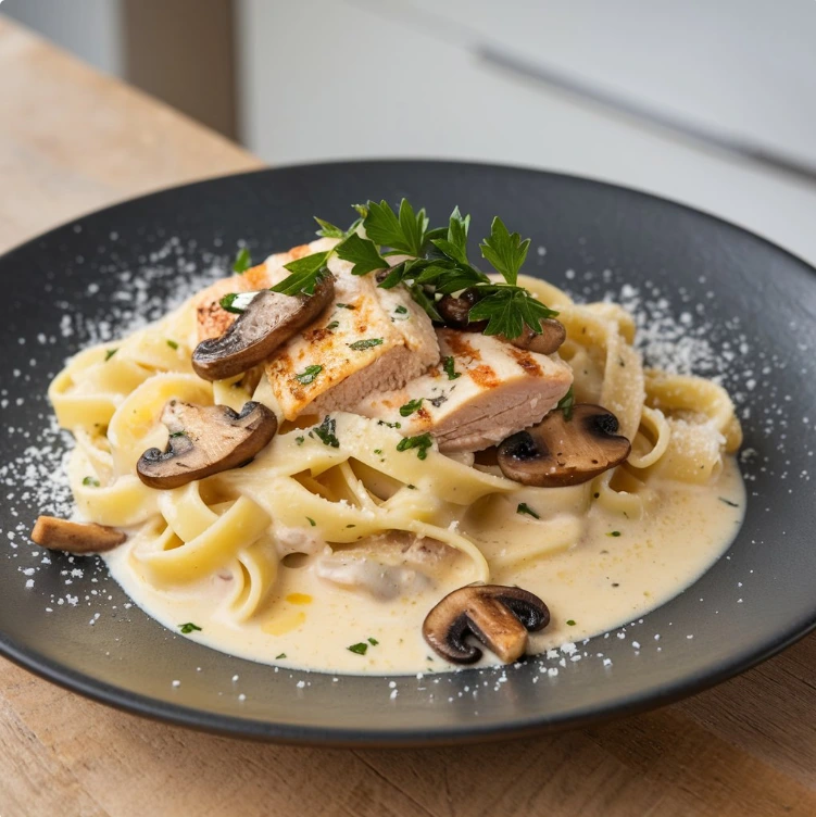 A creamy Alfredo sauce in a pan, garnished with parsley and Parmesan cheese, next to a spoon ready to serve.