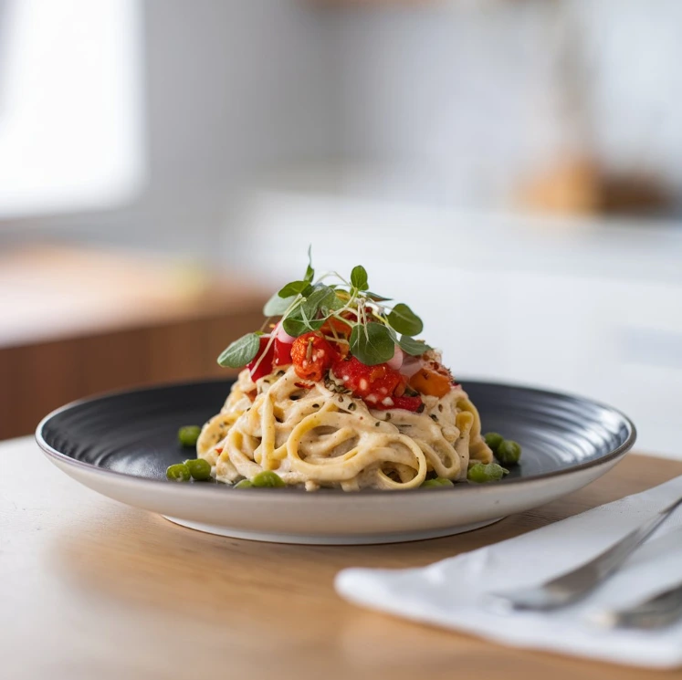 A creamy Alfredo sauce in a pan, garnished with parsley and Parmesan cheese, next to a spoon ready to serve.