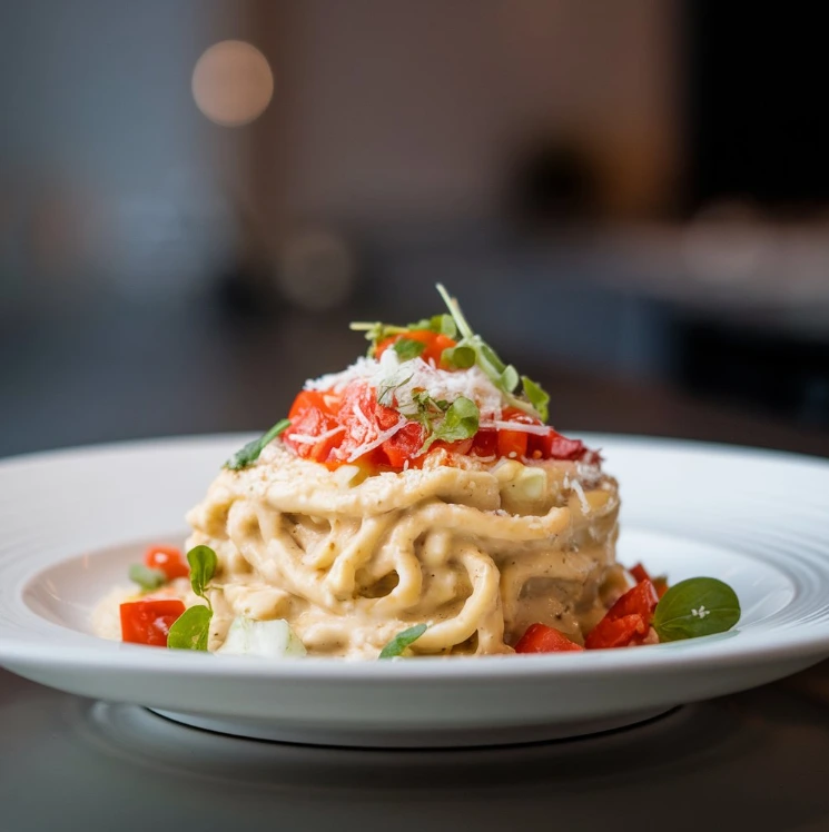 A creamy Alfredo sauce in a pan, garnished with parsley and Parmesan cheese, next to a spoon ready to serve.