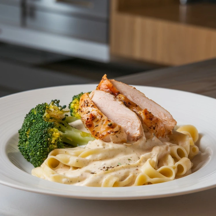 A creamy Alfredo sauce in a pan, garnished with parsley and Parmesan cheese, next to a spoon ready to serve.